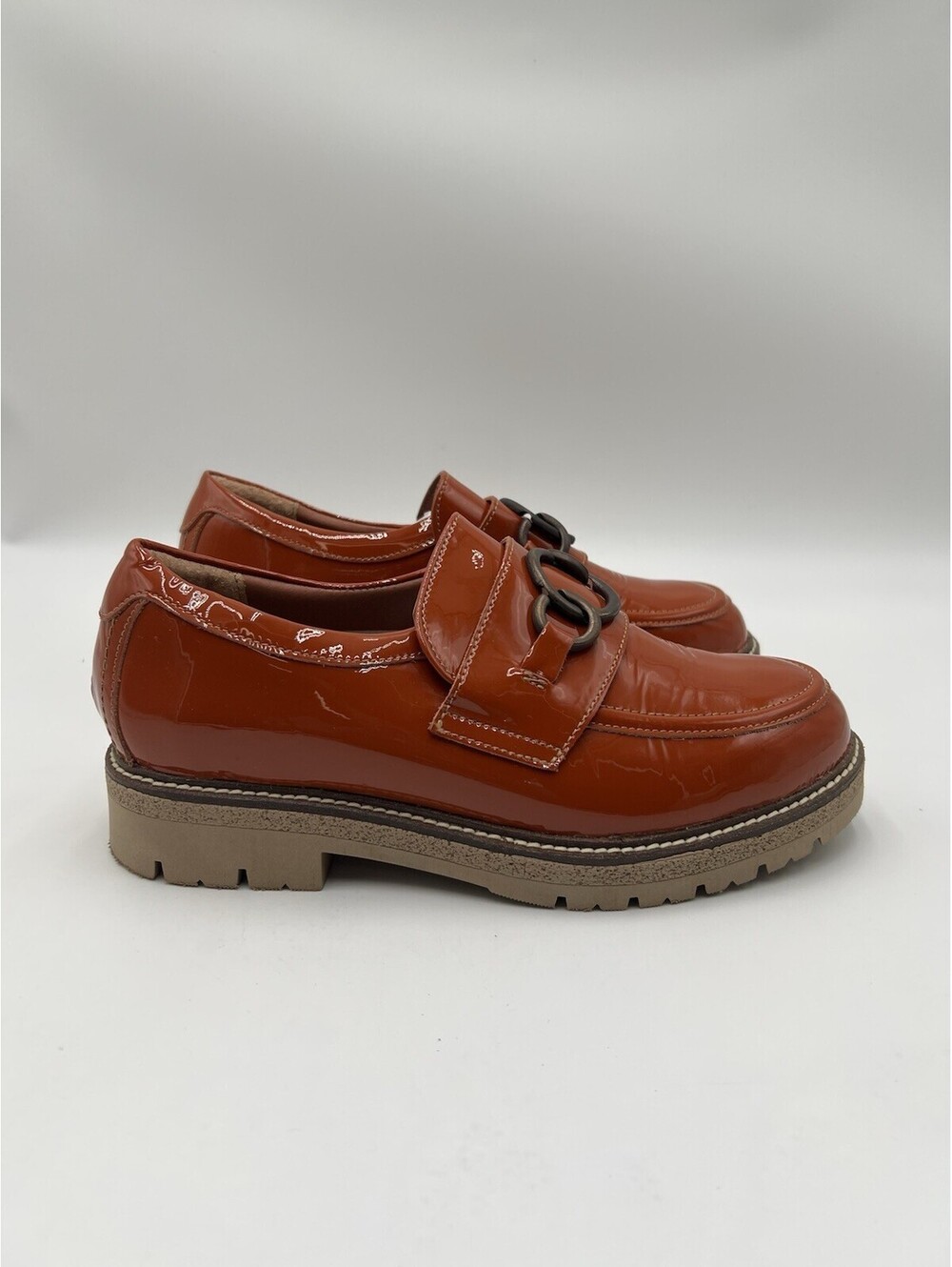 NAOT Fremont Burnt Orange Patent Leather Loafer Chain Lug Sole Womens 39